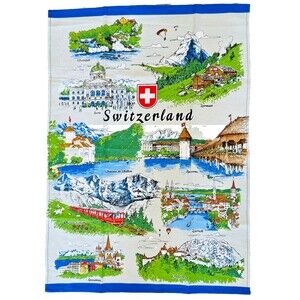Vintage Tea Towel of Switzerland Historic Landmarks Handprint Vintage Souvenir
